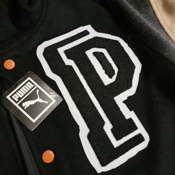 Puma Signature Varsity Jacket Wool Coat Color Block Size Medium M Black Grey New - Picture 4 of 17